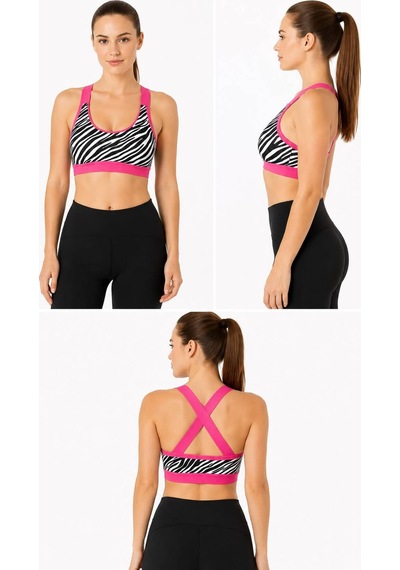 Neco Giyim Kadın Zebra Desenli Çapraz Askılı Destekli Spor Büstiyer Pembe