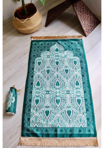 Rumi Desenli İpek Dokulu Keseli Seccade S1030 Yeşil Renk Mavi