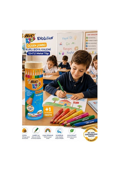 12 Li Jumbo Kuru Boya Kalemi Teneke Kutu 1 Paket Bic Kalın 12 Renk Jumbo Kuruboya Tam Boy Renkli Kalem Çok Renkli