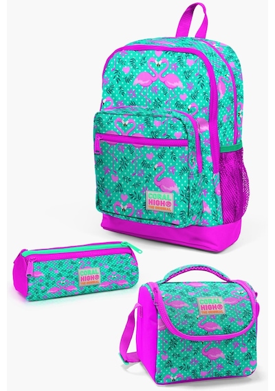 Coral High Kids Su Yeşili Pembe Flamingo Desenli 3 Lü Okul Çanta Seti Set0123712