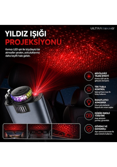 Ultratekno C7 Araç Şarj Cihazı 5in1 45w Hızlı Şarj Oto Parfüm Difüzör Type-c & Lightning Makaralı Kablo Rgb Yıldız Işığı Araç İçi Nemlendirici Gri