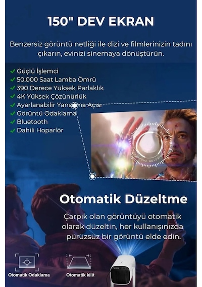 Wearfitpro K2 Şarjlı Projeksiyon Cihazı Android Bluetoothlu Ev Sineması