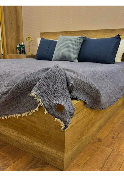 Denim Mavi 4 Katlı Çift Taraflı Çift Kişilik Müslin Battaniye %100 Pamuk 230x240 Cm Koyu Mavi