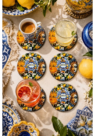 Sicilya Temalı Güneş Ay Figürlü Bardak Altlığı 6 Lı Set Çok Renkli