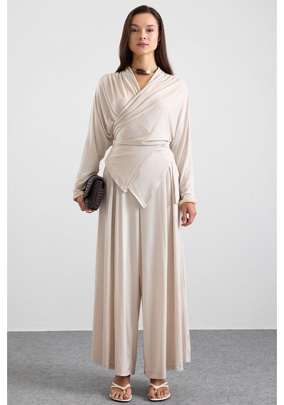 Olcay Asimetrik Kesim Şalvar Pantolon Kimono Takım Bej 9475-tk