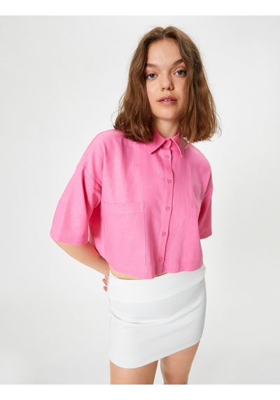 Koton Crop Keten Gömlek Dirsek Boy Kısa Kollu Cepli Rahat Kalıp Pembe 4sal60001ıw Gül