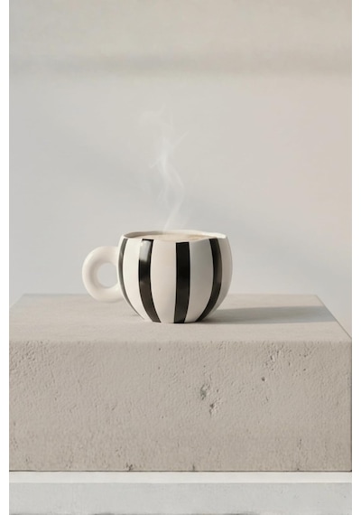 El Yapımı Seramik Siyah Çizgili 400 Ml Çay Kahve Mug Kupası Mıt1322 Beyaz - Çok Renkli