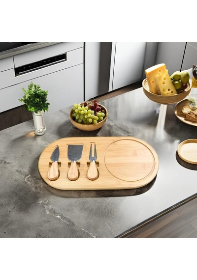 Bambu Peynir Sunum Tabağı, 3 Parça Peynir Bıçağı Ve Çatalı Seti, Toplam 4 Parça, Doğal Ve Şık Peynir Tabağı, Kaliteli Sunum Seti 34x20 Cm Ebatlarında Çok renkli