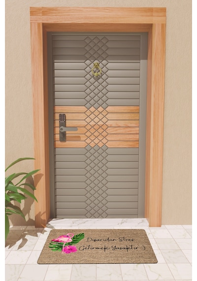 Rugmood Modern Dijtal Baskı Flamingo Stres Getirmek Yasaktır Kapı Önü Paspası Kahverengi