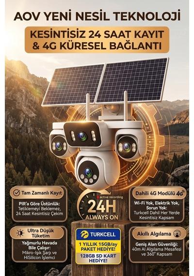 4 Kameralı Solar Panelli Güneş Enerjili Uzaktan Kontrol ,7/24 Aralıksız Kayıt, 2 Solar Panel,aı