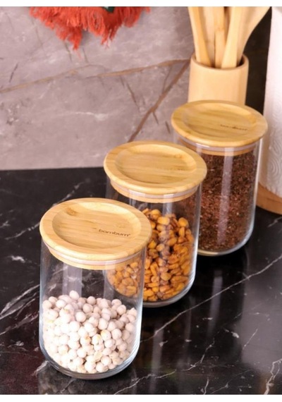 Duo 900ml 3'lü Saklama Kabı-bambu Kapaklı Cam Baharatlık