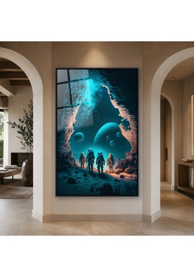 Mağaradan Gezegenlere Bakan Astronotlar Siyah Çerçeveli Cam Tablo