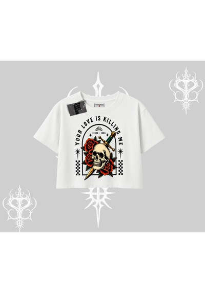 Tarzsokak Oversize Crop Tshirt Your Love Is Killing Me Dead Romance Beyaz