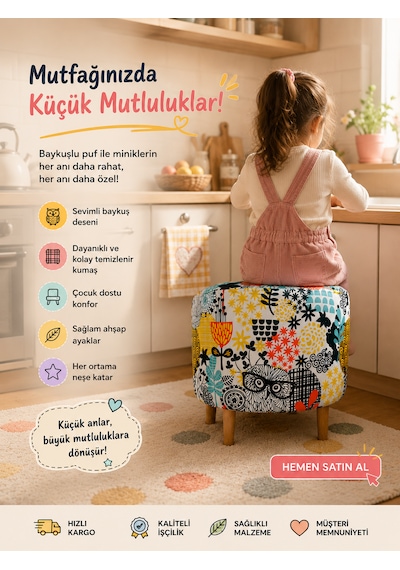 Diday Baykuş Puf Trend Puf Koltuk Puff Bench Dekoratif Bohem Doğal Gürgen Ayaklı Çok Amaçlı Bahçe Ev Balkon Çok Renkli