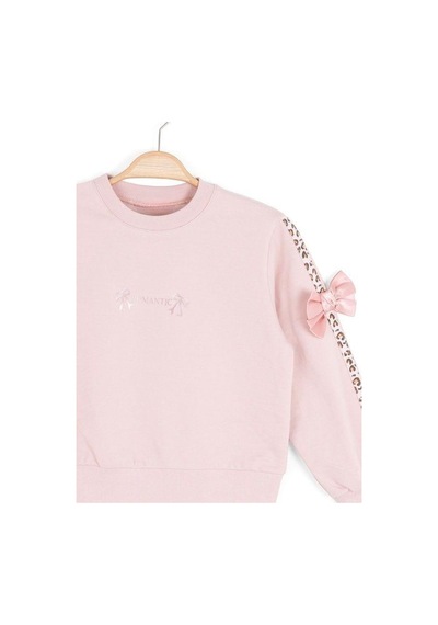 Kız Çocuk Kolları Leopar Şeritli Fiyonklu Sweatshirt-16133 Pudra