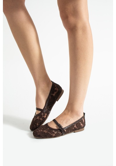Dabab Shoes Merına Kadın Kahve Düz Babet Dantel Dokuma Çiçek Desenli Tokalı Düz Ayakkabı Kahverengi