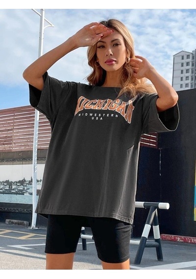 Flood Of Style Kadın Füme Oversize Michigan Baskılı T-shirt Gri