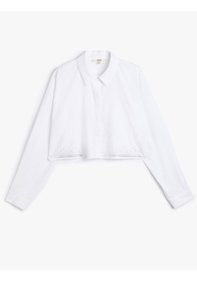 Koton Crop Oversize Poplin Gömlek Taşlı Uzun Kollu Pamuklu Kırık Beyaz 5wak60125uw Ekru