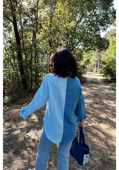 WeShaya Kadın Mavi Muslin Kumaş, Çift Bloklu, Eteği Oval, Uzun Kol, Regular Kesim Gömlek Açık Mavi WeShaya Kadın Mavi Muslin Kumaş, Çift Bloklu, Eteği Oval, Uzun Kol, Regular Kesim Gömlek Açık Mavi