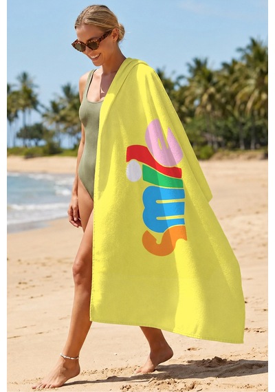 Renkli Smile Yazı Tipografik Plaj Havlusu - Modern Sarı Pop Art Hızlı Kuruyan Mikrofiber Havlu Örtü Serin İncisi
