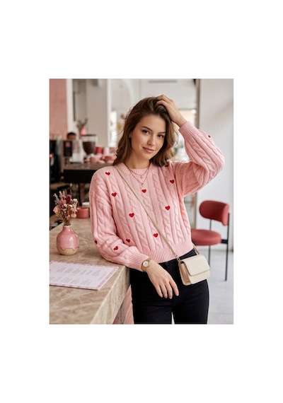 Sayzen Your Shine Kalp Nakış Detaylı Saç Örgülü Crop Kadın Kazak Pembe