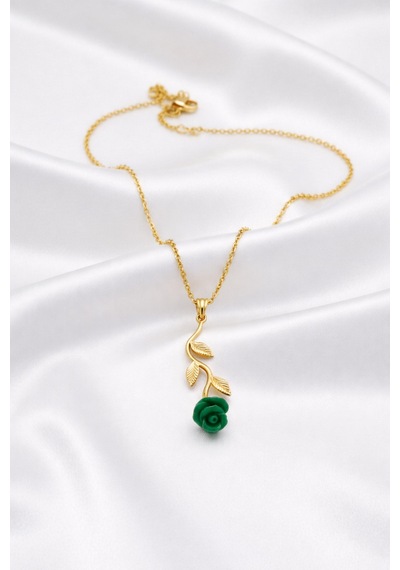 Çekirdekjewelry 925 Ayar Gümüş Rose Kaplama Yeşil Gül Detaylı Kadın Kolye Sarı