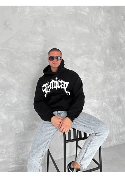 Valensdesign Unisex Üç İplik Kapşonlu Baskılı Sweatshirt - Siyah