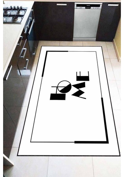 Beyaz Kaymaz Taban Yıkanan Home Desenli Mutfak Halısı Ar1259n11