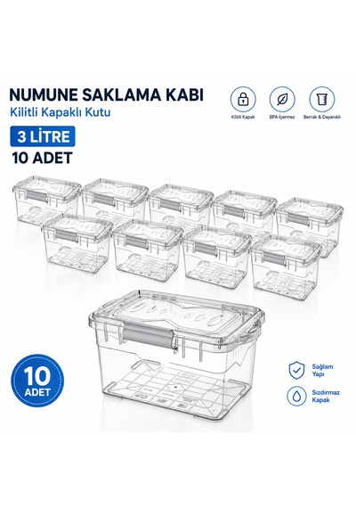 Numune Saklama Kabı 3 L - Kilit Kapaklı Kutu 10 Adet
