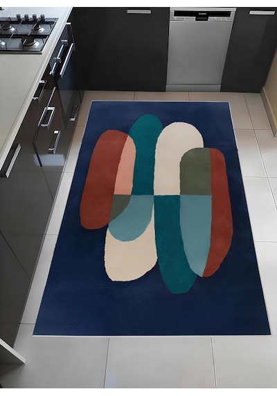 Lacivert Renkli Geometrik Desen Tasarım Modern Halı Dekoratif Kilim