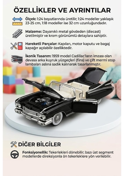 Hobiez World 1:24 Lisanslı Cadillac Eldorado Kapıları ve Kaputu Açılabilir Model Araba