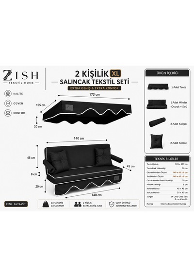Altaleno 2 Kişilik 140 45 Cm Süngerli Bahçe Balkon Salıncak Minderi Yıkanabilir Kılıflı, Tenteli Keten Kumaş Tekstil Seti 24 Dns 8 Cm Orta Sert Sünger Antrasit