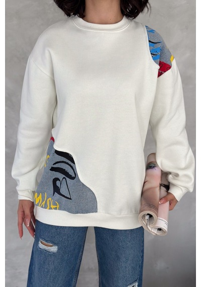 Femelle Kadın Beyaz Şardonlu Tasarım Kot Detaylı Sweatshirt