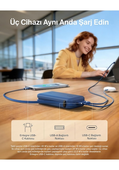Ultracharge 10000 Mah Usb-c Kablolu Ve Ekranlı Power Bank, Mavi