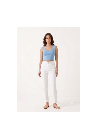 Onno Style Women Kolsuz Askılı Kare Yaka Kadın Triko Bluz Mavi