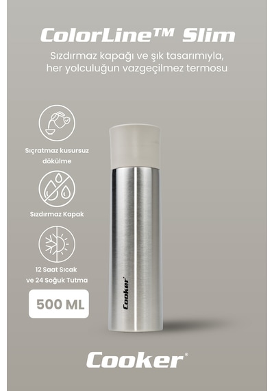 Cooker Colorline Slim 500 Ml Paslanmaz Çelik Termos Ckr2057 Krem