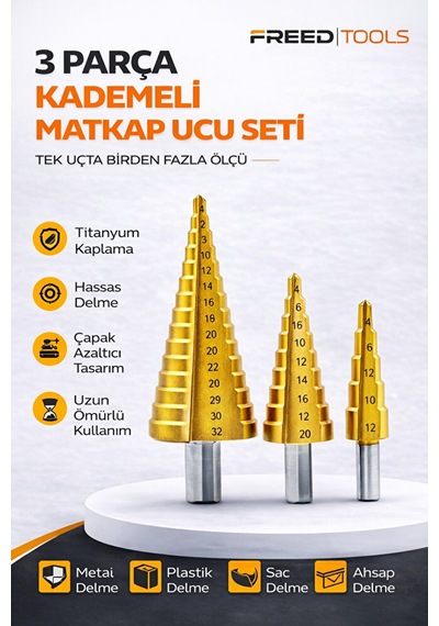 3 Parça Titanyum Kaplama Kademeli Matkap Ucu Metal Sac Delme