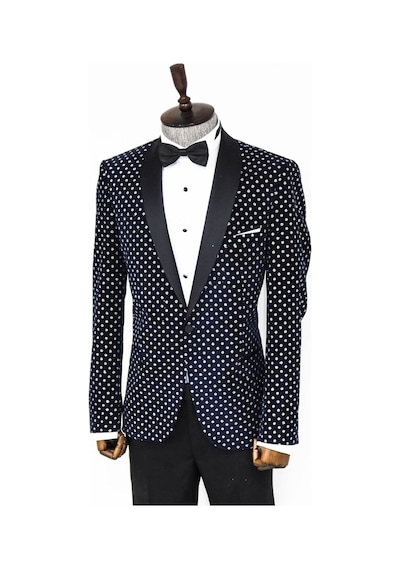 Wessi Nokta Desenli Slim Fit Lacivert Erkek Smokin Ceket Lacivert