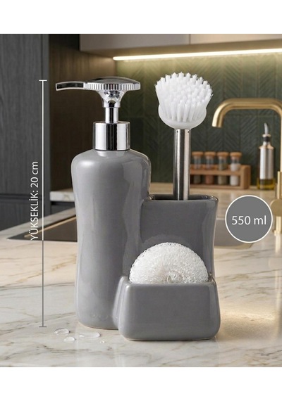 Porselen Tezgah Üstü Fırçalı Süngerli Sıvı Sabunluk Takımı 550 Ml Gri