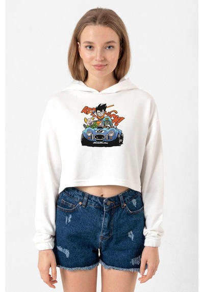 Dragon Ball Z Anime Goku Racer Ekru Kadın Crop Kapşonlu 001