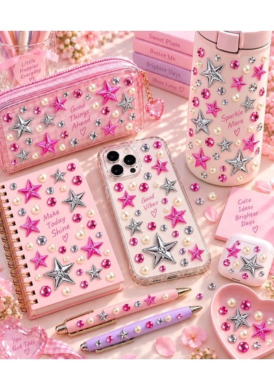Pembe Gümüş Taş & Yıldız İncili Rhinestone Sticker Yapışkanlı Yüz, Tırnak, Vücut Ve Süs Taşı Çok Renkli