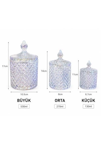 Rova Tr Diamond Serisi 3 Adet Cam Titanyum Kaplama Dekoratif Kavanoz - Şekerlik ,hediyelik, Çeyizlik Şeffaf