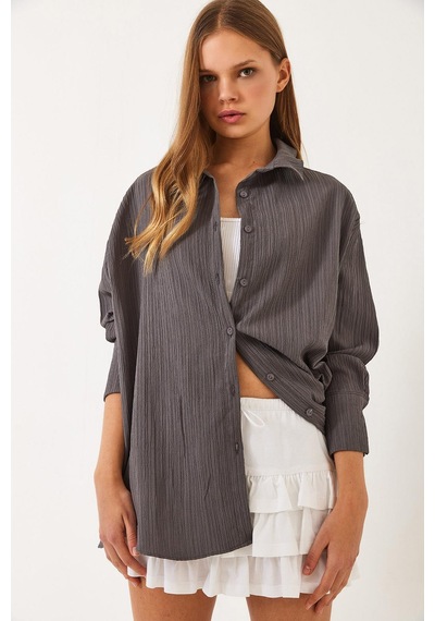 Shade Kadın Düşük Omuz Oversize Basic Bürümcük Gömlek 60392 60271069 - Füme