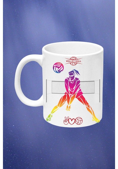 Voleybol Temalı Kadın Oyuncu Baskılı Kupa Bardak Çay Kahve Fincanı-3 Beyaz