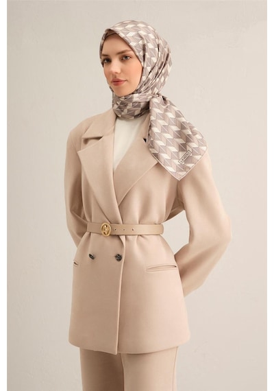 Armine Geometrik Desenli Sura Saf İpek Eşarp - 9309 Gri - 86