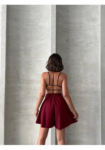 By Mop Volanlı Keten Şort Bordo S255058 Bordo