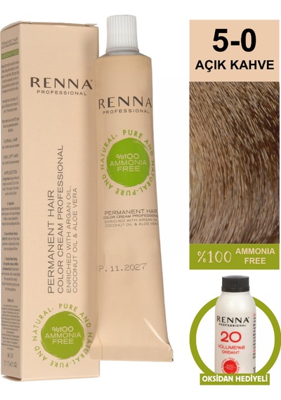 Renna Bitkisel Amonyaksız Saç Boyası 60 Ml 5-0 Açık Kahve + Oksidan