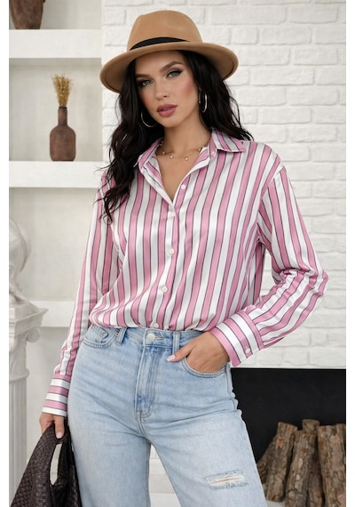 Ribana Classic Kadın Çizgili Saten Kumaş Klasik Yaka, Önü Düğmeli Uzun Kollu, Manşet Bitişli Gömlek 3971 Pembe Ribana Classic Kadın Çizgili Saten Kumaş Klasik Yaka, Önü Düğmeli Uzun Kollu, Manşet Bitişli Gömlek 3971 Pembe