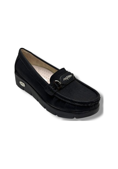 C-shoes Sl422-26 Baskı Kot Deri Zikzak Taşlı Toka Comfort Kadın Ayakkabı Siyah