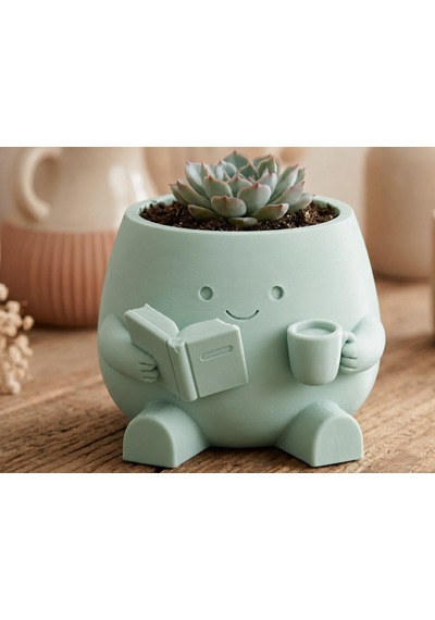 3d Baskı Kitap Okuyan Saksı - Kupa Tutan Sevimli Saksı-mint